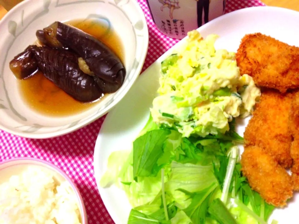 一口チキンカツ、ポテトサラダ、ナスの煮物|amさん