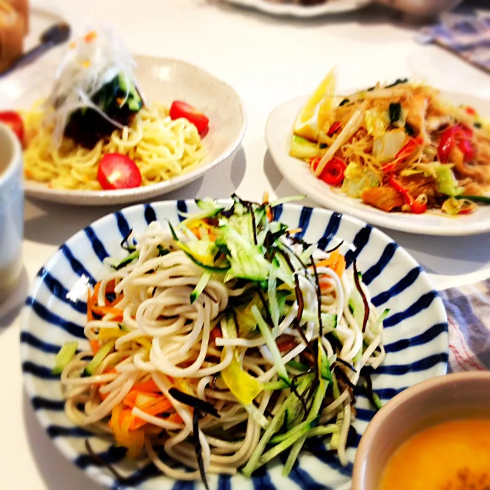 麺ごはんのクラス→夏野菜とレンズ豆のジャージャー麺○あらめとひやむぎ野菜そうめん〜豆乳ごまだれ〜○香味野菜と板麩の焼きビーフン|lienさん