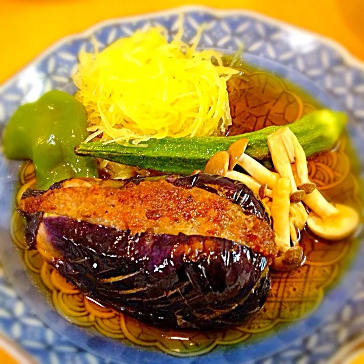 ソーメンカボチャと茄子のはさみ揚げ 主人と私の晩御飯|シンリーさん