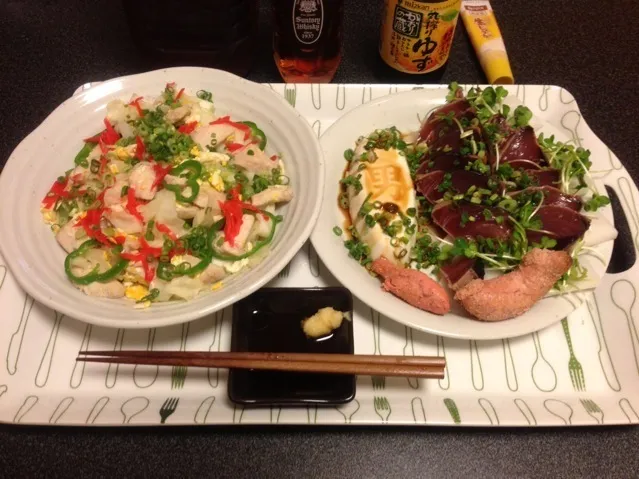 鶏胸肉の野菜炒め、鰹のたたき、焼きたらこ、男奴！ ৎ꒰ ¯ิ̑﹃ ¯ิ̑๑꒱ુ ୭✨|サソリさん