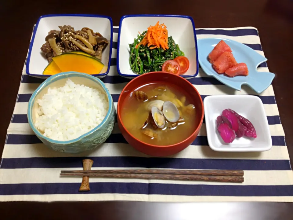 牛肉しぐれ煮.ほうれん草胡麻和え.あさり味噌汁|恭子さん