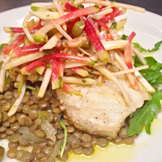 Halibut w/ celery root slaw atop lentils w/ preserved lemons and arugula|paddyさん