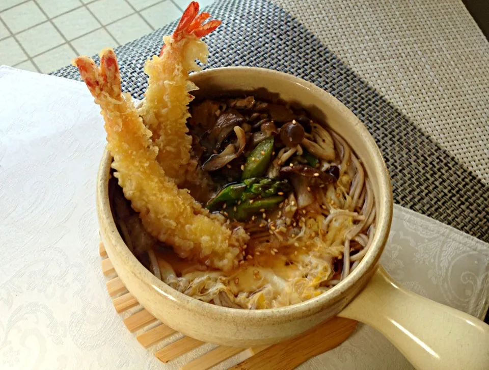 海老天きのこ餡のタマとじ蕎麦|アズフラさん