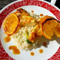 Snapdishの料理写真:Orange Honey Ginger Chicken (the after shot) w/ Scallion Fried Rice|Tjay Princeさん