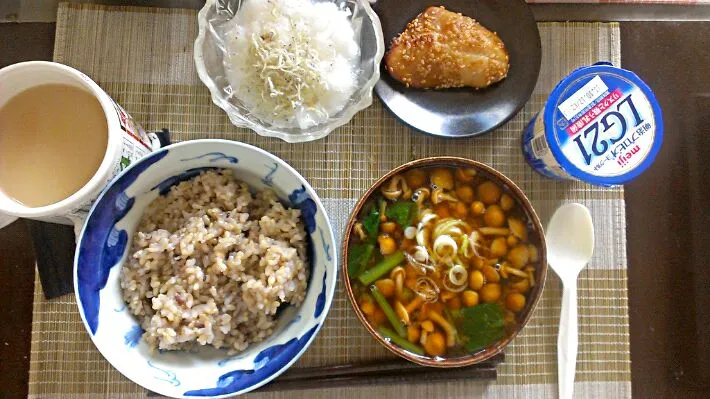 さわら醤油漬け&しらすおろし&なめこと小松菜の味噌汁|まぐろさん