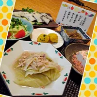 ヘルシー夕食！サラダ、きゅうり。プチトマト、キャベツ
　　　　　　　カボチャだんご
　　　　　　　キャベツとツナの煮込み←ポン酢でいただきます
　　　　　　　お豆腐、桜えびと貝割れな添え
　　　　　　　きんぴらごぼうとこんにゃくの煮込み

いまから、お父さん迎えにいきますっ(^.^)|のんこさん