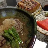 ごぼうハンバーグおろし煮、厚揚げのツナみそ焼き、サーモンの刺身|やっちゃんさん