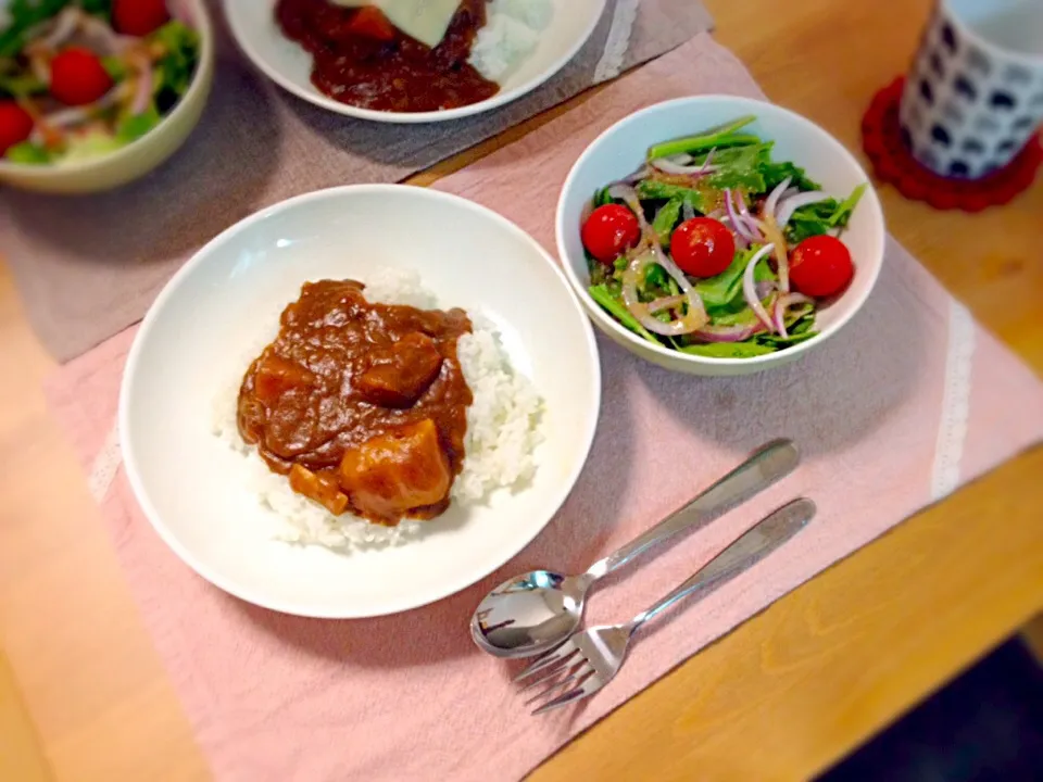 具大きめチキンカレーライス、春菊とレタスとレッドオニオンとプチトマトのサラダ。|あすみさん