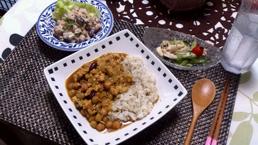 鳥ミンチとお豆のカレー、お豆とツナサラダ、ササミとキュウリのサラダ|杉村愛さん