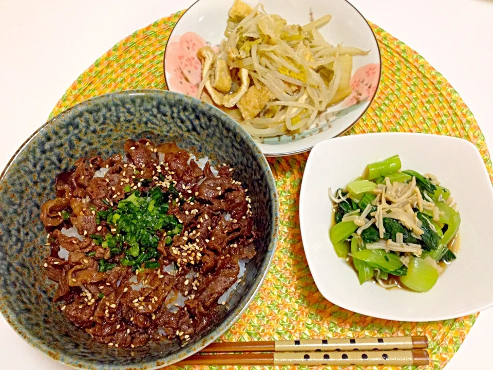 Snapdishの料理写真:牛肉の甘辛丼、青梗菜とえのきのナムル、白菜もやし長ネギの煮物♡|yuiさん