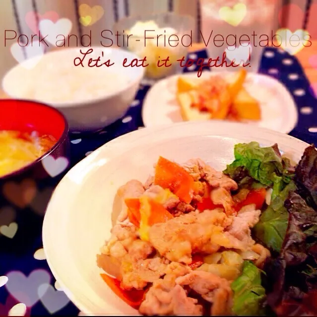 Snapdishの料理写真:豚肉野菜炒め🐷厚揚げのマヨポン焼き♥️リンゴヨーグルト🍎|あねらさん