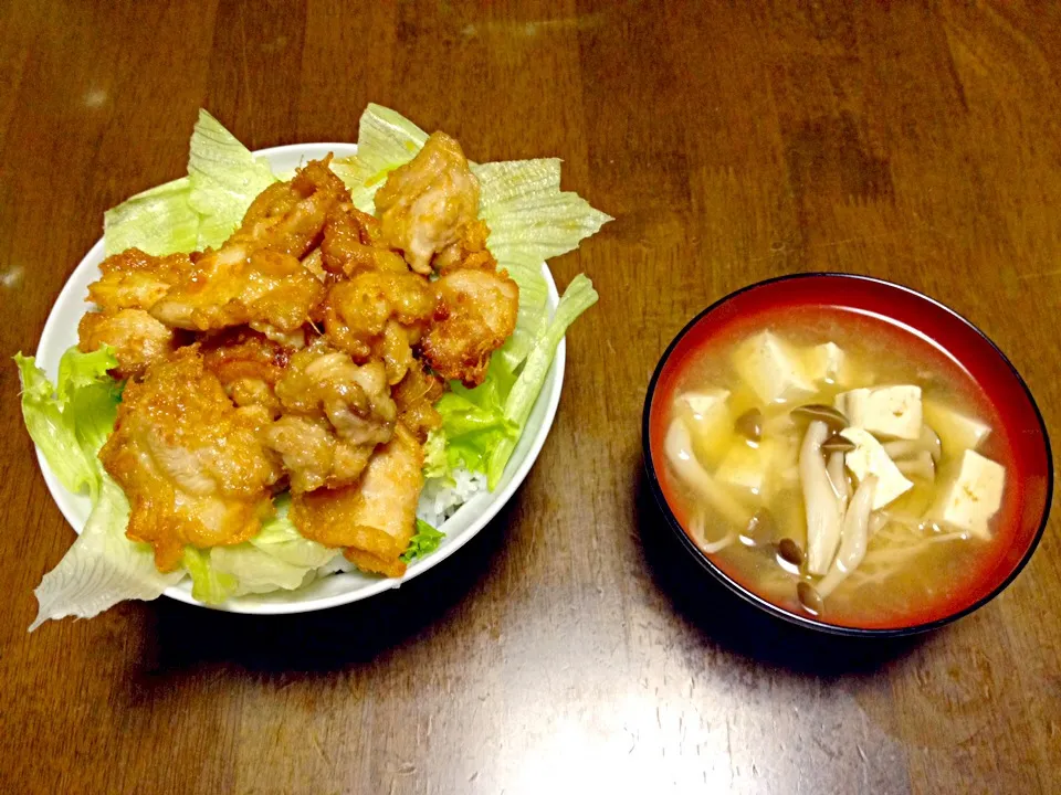 鶏モモの唐揚げ きのこの味噌汁|たかおさん