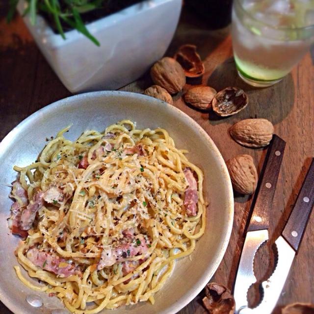 Homemade pasta with pancetta walnut and rosemary/rick chan