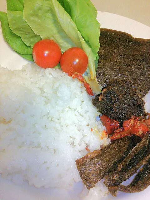 One plate dinner. Beef rendang (Indonesia dry beef curry) and fried dried beef with chili. Plus simple salad|RikaEmakAkbarKhawlaさん