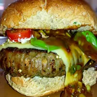 Snapdishの料理写真:Beef Jalapeño Burger with Sweet Chilli-Mustard sauce, melted Emmental cheese, Basil &Cherry tomatoes|Gabriella Grozevaさん