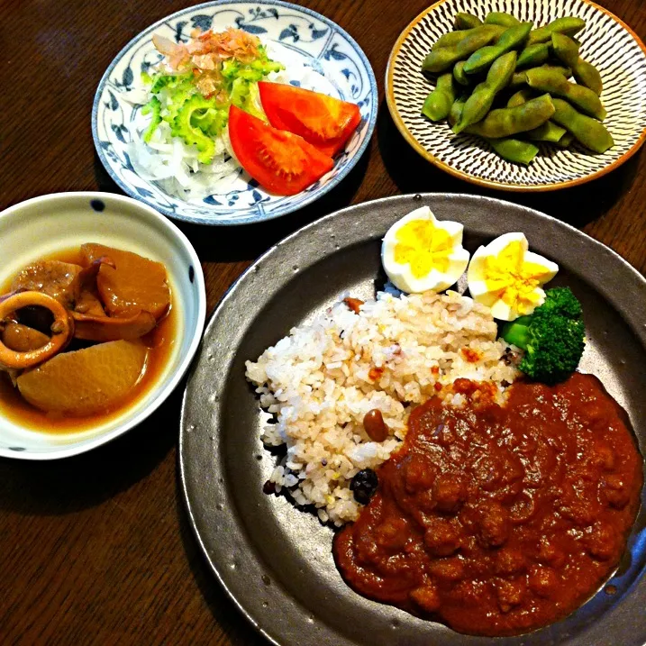 豆カレー、ゴーヤとタマネギのサラダ、子芋とイカの煮物、枝豆|きりママさん