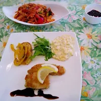 豚肉のカツレツ タルタルソース グリル野菜添え ショーとパスタトマト風味|まっきーさん