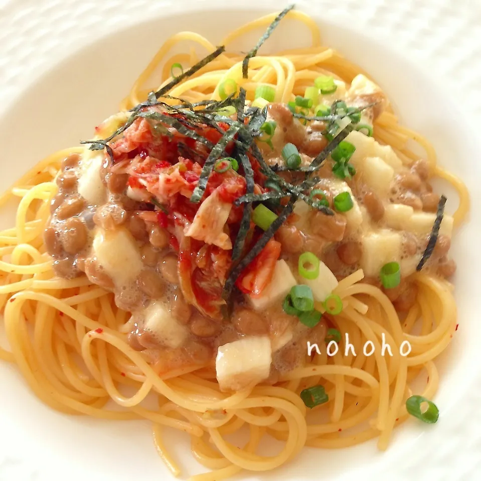 Snapdishの料理写真:キムチ納豆長芋パスタ|nohohoさん