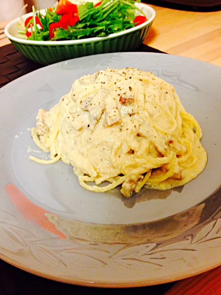 冷凍保存してた絹豆腐のホワイトソース，簡単チャーシューdeカルボナーラ(*^^*)|なほこさん