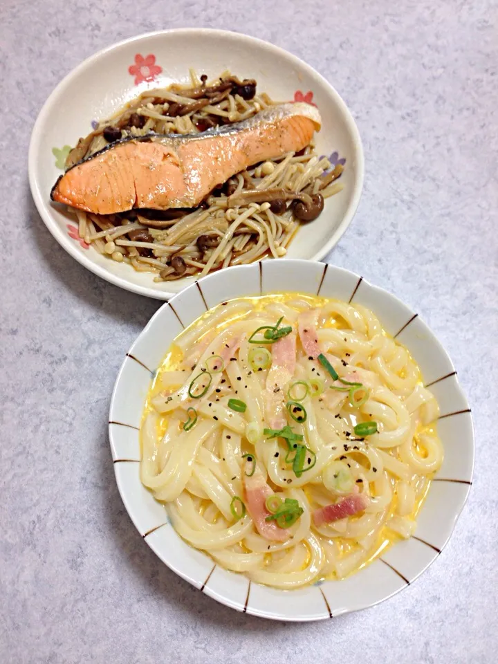 カルボナーラうどん&鮭のキノコ和え|祐奈さん