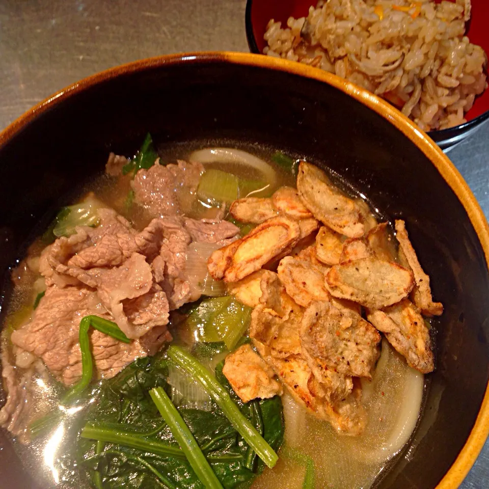 肉ごぼ天うどん&キノコの炊き込みご飯|seiko Oさん