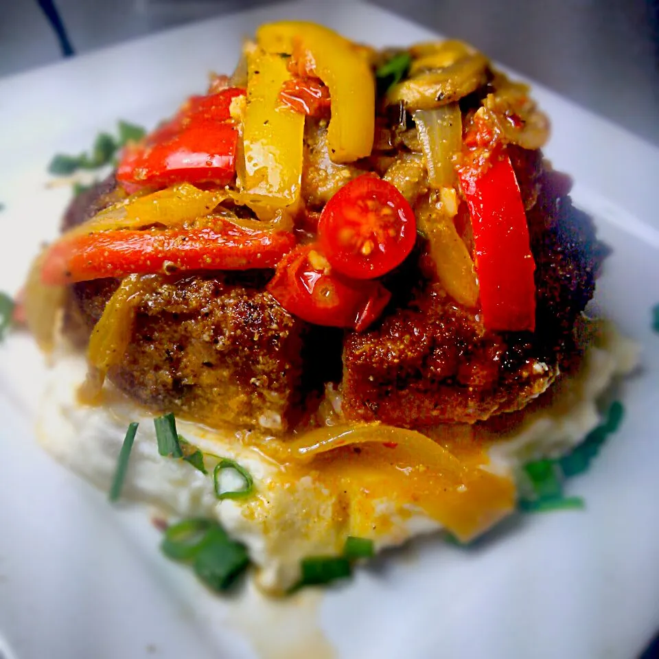 Baked pork chops with loaded mashed potatoes topped with sautéed red and  yellow bell pepers|Chef Rae Shyneさん