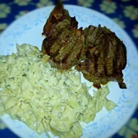 medium rare rib eye steak with fettuccine Alfredo|katherineさん