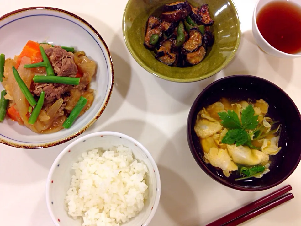 肉じゃが、茄子とピーマンの味噌炒め、かき玉汁|RUIさん