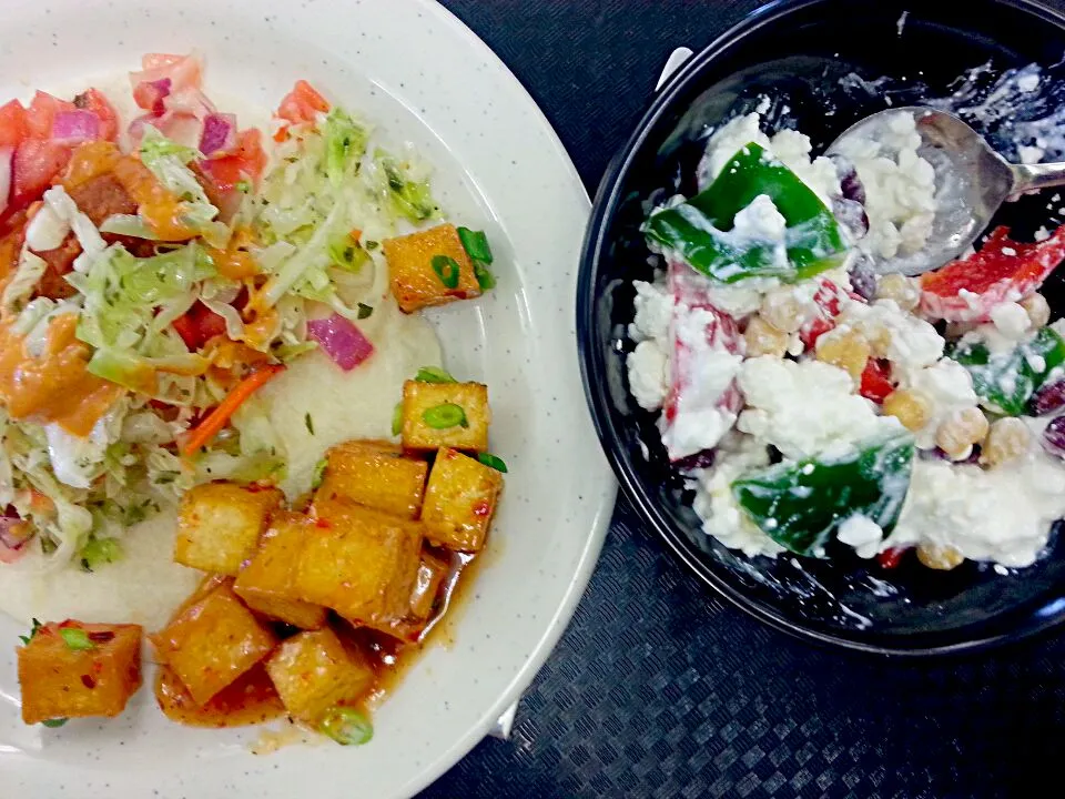 fish taco, spicy garlic tofu, cottege/feta cheese, chickpea, kidney beans, sweet pepper salad|dennypatronさん