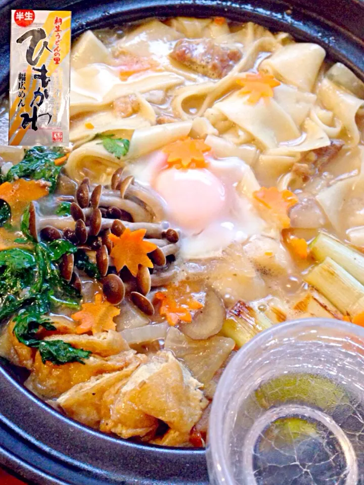 Flat noodles simmered in broth with vegetables🍲ひもかわうどん煮込み|🌈Ami🍻さん