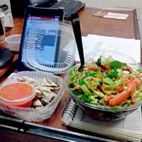 Tossed salad with the works with a side of grilled chicken and hot sauce|pinkさん