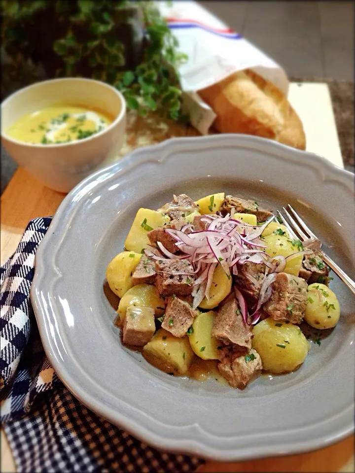 Snapdishの料理写真:Ox tongue and potato salad with tarragon /Sweet potato and ginger potage|rick chanさん