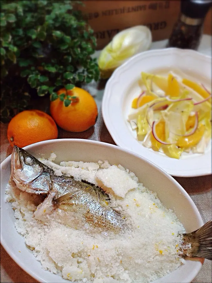 Sea bass bake in sea salt/chicory and orange salad|rick chanさん