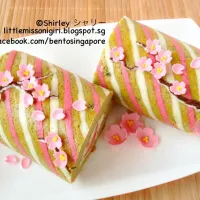 桜のお抹茶デコロールケーキ Sakura Matcha Deco Roll Cake