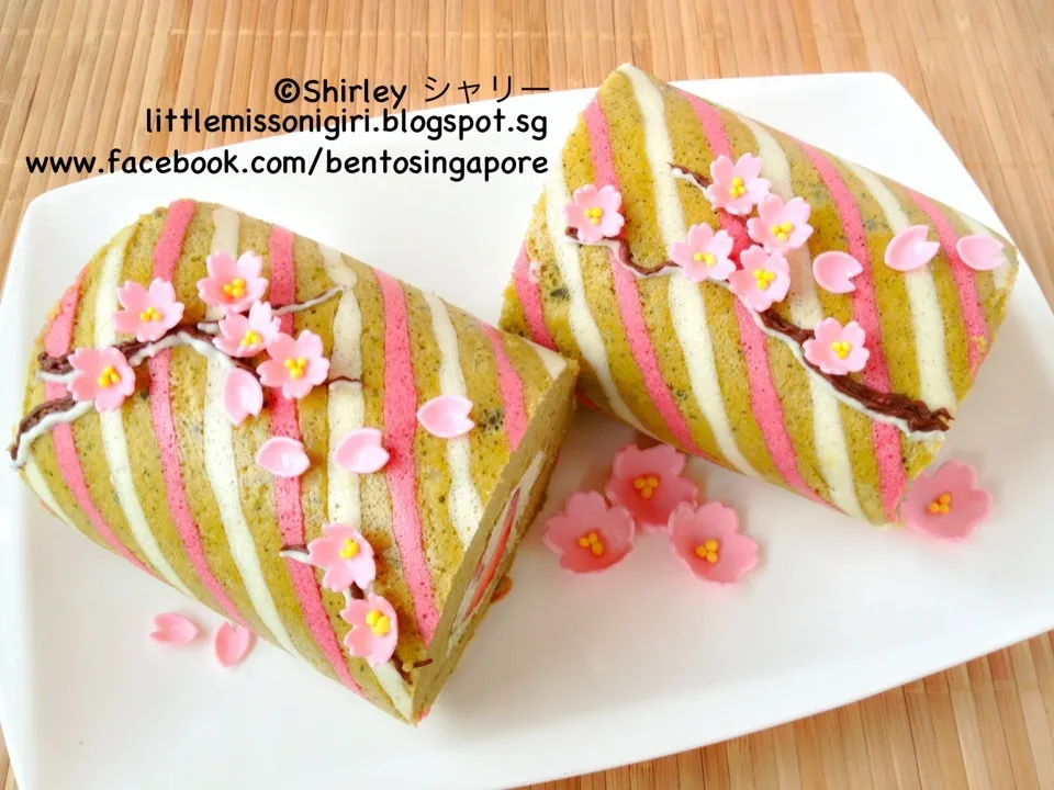 桜のお抹茶デコロールケーキ Sakura Matcha Deco Roll Cake|シャリーさん