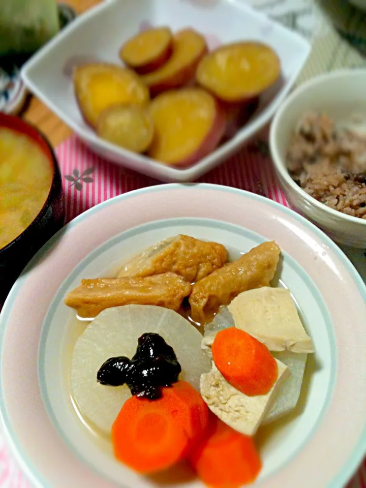 10/18 大根煮，さつまいも甘露煮，大根葉のみそ汁|kykyさん