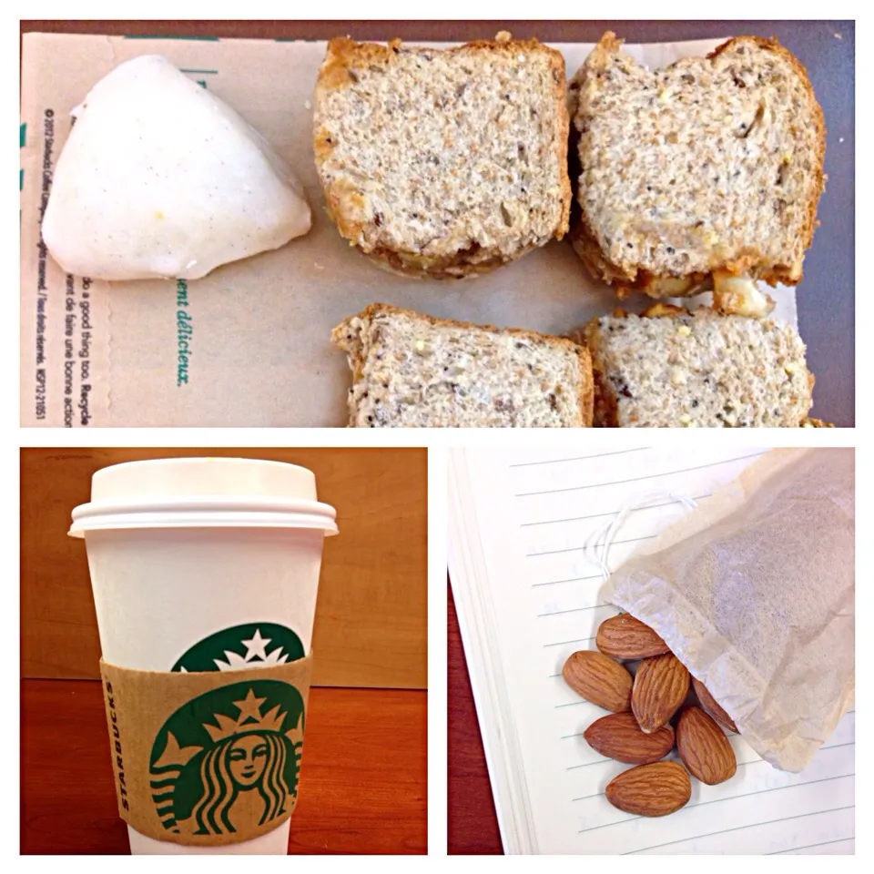 Study food: almonds, banana and pb sandwich, pumpkin spice latte, small vanilla scone|joie chowさん