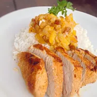 Snapdishの料理写真:Cumin and Cayenne Crusted Pork Tenderloin, with Cocuonut Sticky Rice Topped with a Homemade Mango Chutney.|Ben Dunnaさん