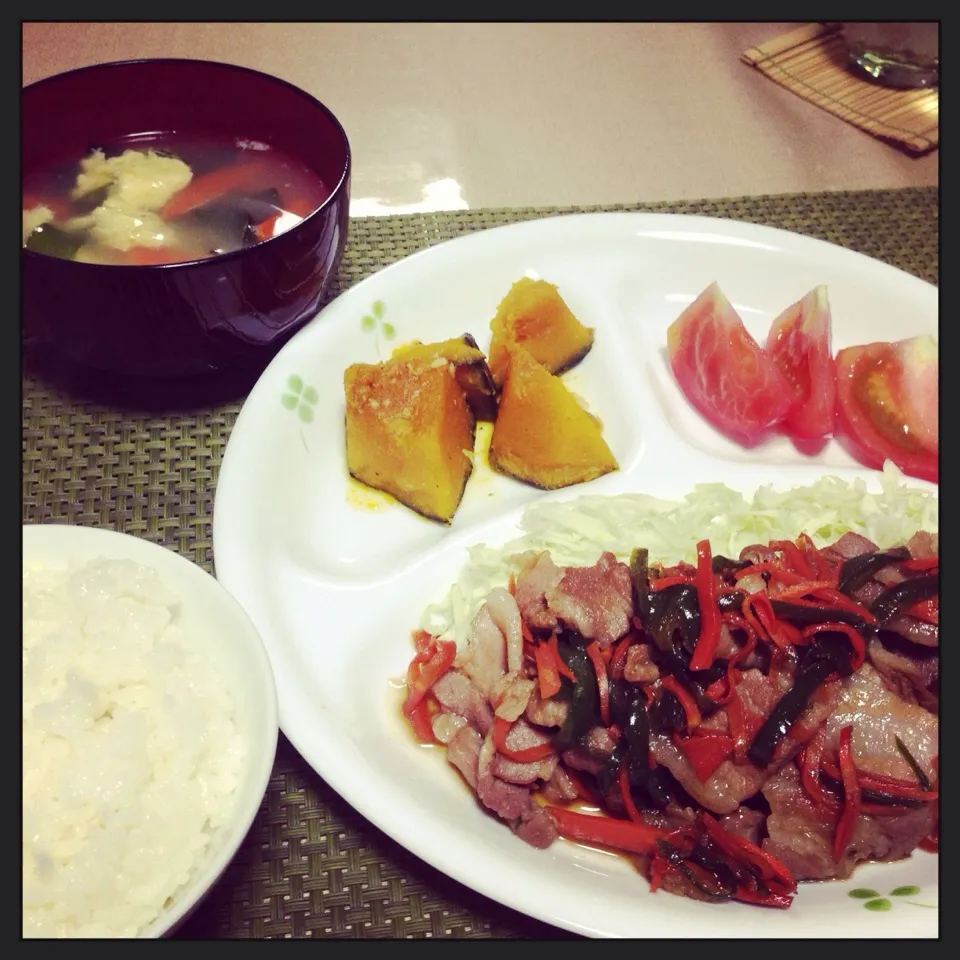 豚としょうがの野菜いため。カボチャの塩麹煮(ゆうこりん煮！|うほさん