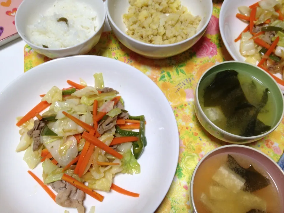 Snapdishの料理写真:肉野菜炒めとポテトサラダ|ゆきそこさん