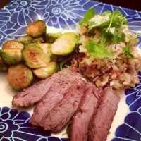 Snapdishの料理写真:Short Rib Steak with Mushroom Risotto, Roasted Brussel Sprouts and Baby Arugula|Araleielさん