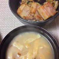 Snapdishの料理写真:キャンプの残りでキャベツと茄子味噌炒 なめこ味噌汁 塩豚のせ|Takashi Yoshimuraさん