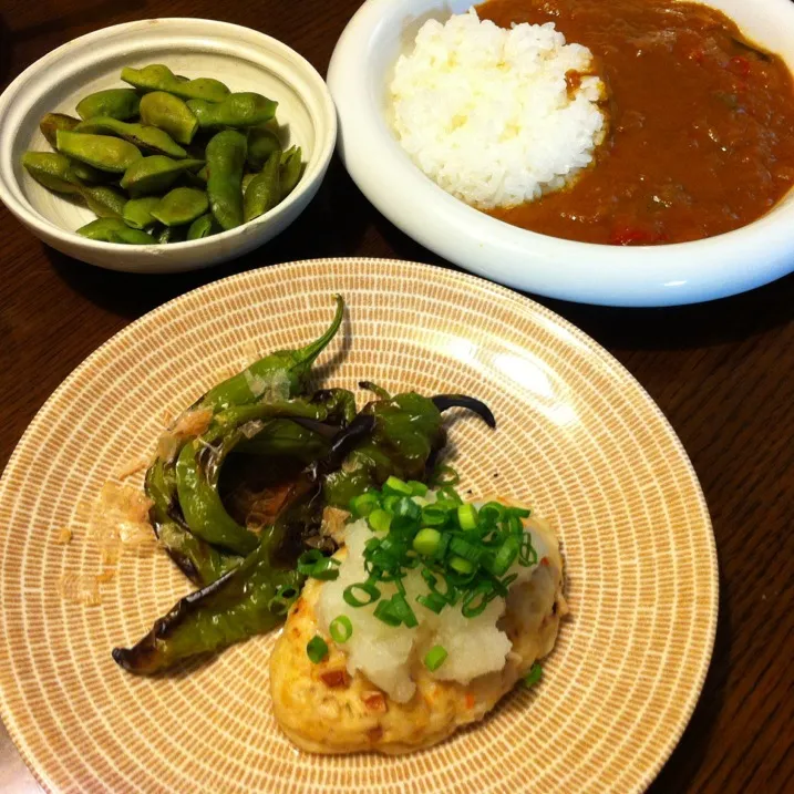 カレー、豆腐ハンバーグ・焼き万願寺、黒豆枝豆|きりママさん