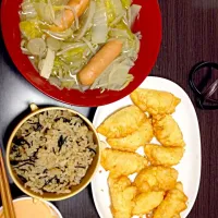 野菜スープ、ひじきとごぼうご飯、海老揚げ餃子|めぐみさん