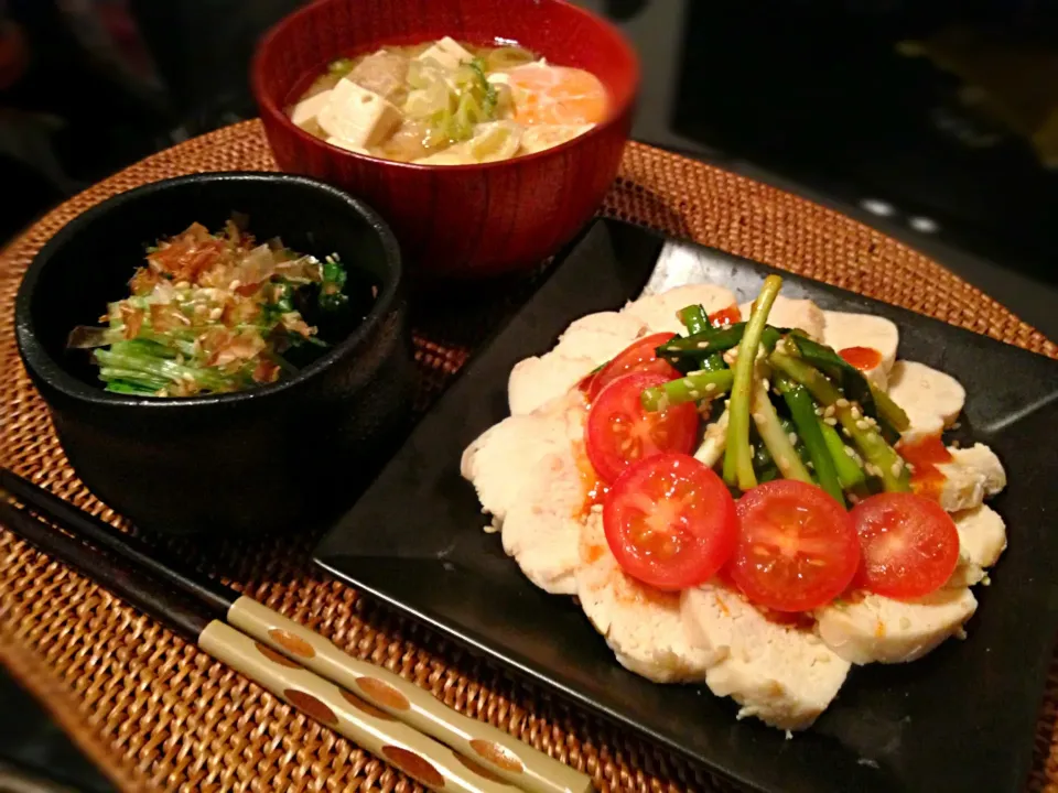 蒸し鶏のねぎキムチのせ&水菜のおひたし定食♪|Nonさん