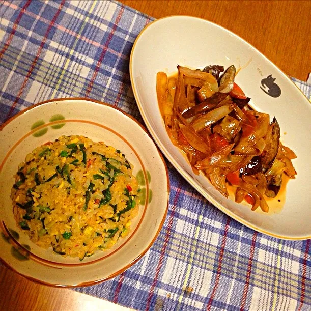 ニラ玉チャーハン、茄子と玉ねぎのマヨぽん炒め|ピンコさん