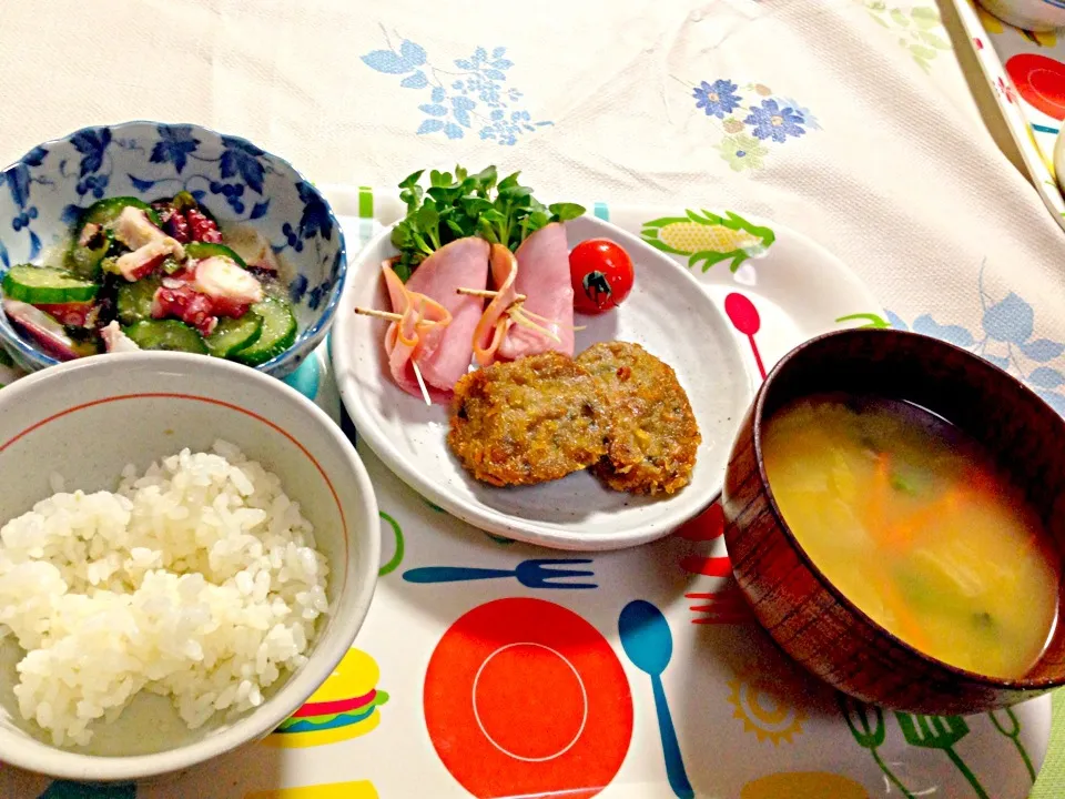 Snapdishの料理写真:イワシカツ・カイワレハム巻・タコときゅうりの酢の物・白菜人参ほうれん草味噌汁・白米|さえさん