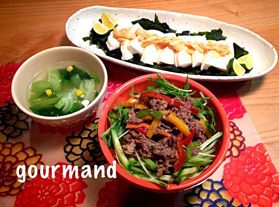 あやこちゃんの🎀プルコギサラダ丼、青梗菜とコーンのとろみ中華スープ、やわらいだ お豆腐🎶|プーティさん