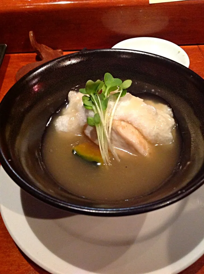 White king salmon kama with kaburamushi (radish and egg whites) and kabocha squash.|Lisa Stevensさん