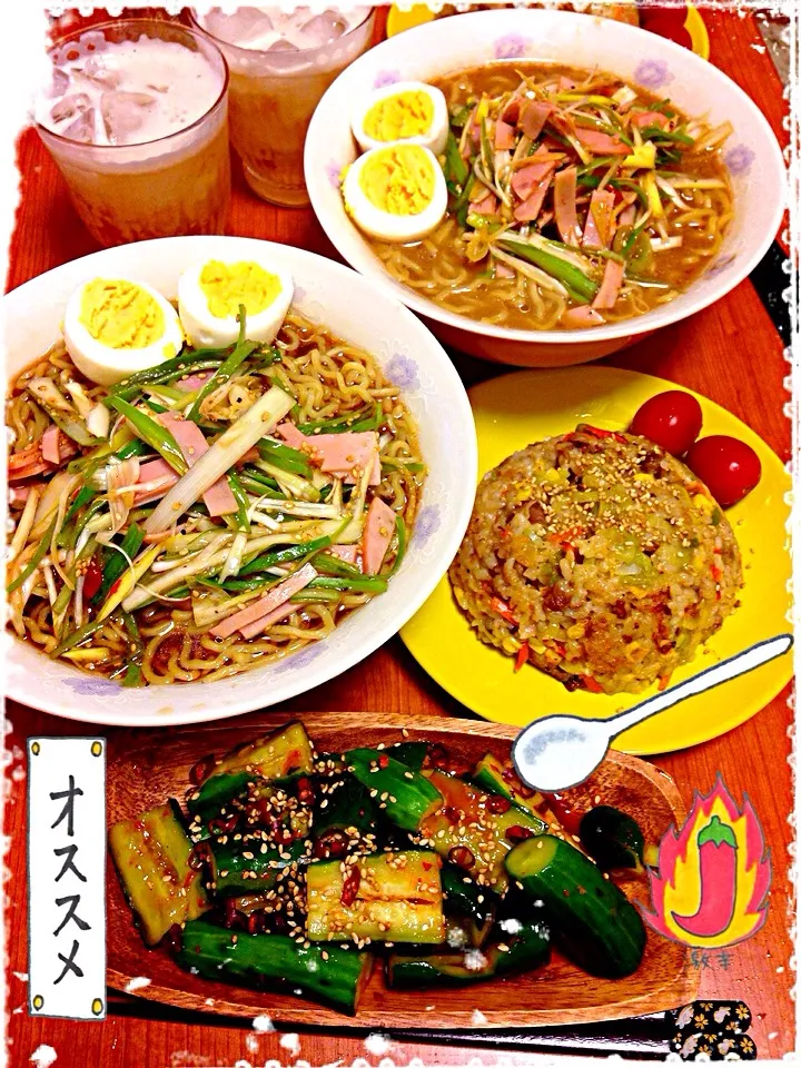 ごま油和えネギの豆板醤ラーメン＆生姜の牛肉チャーハン|華ちゃんさん